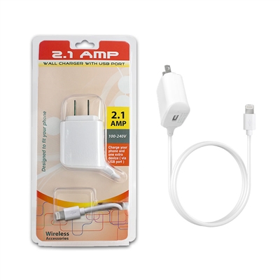 For Apple Lightning Travel Wall Charger 2.1 Amp w/USB port,  5ft, 4mm, White