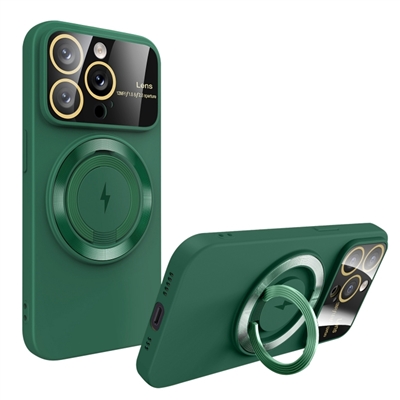 IPHONE 15  TPU CASE WITH CAMERA COVER &  WIRELESS CHARGING RING STAND GREEN