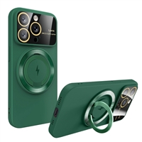 IPHONE 15 PLUS TPU CASE WITH CAMERA COVER &  WIRELESS CHARGING RING STAND GREEN