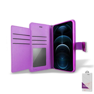 iPhone 12/ iPhone 12 Pro (6.1") Double Folio Flip Leather Wallet Case with Extra Card Slots WC05 Purple