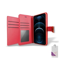 iPhone 12/ iPhone 12 Pro (6.1") Double Folio Flip Leather Wallet Case with Extra Card Slots WC05 Red