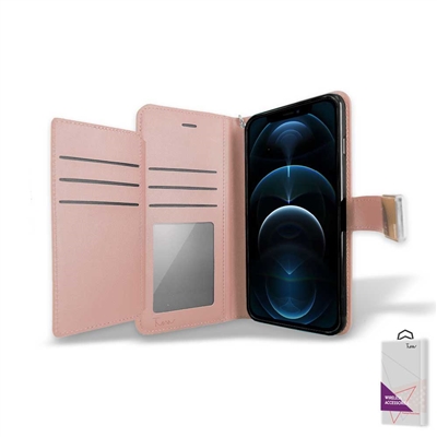 iPhone 12 Pro Max (6.7") Double Folio Flip Leather Wallet Case with Extra Card Slots WC05 Rose Gold