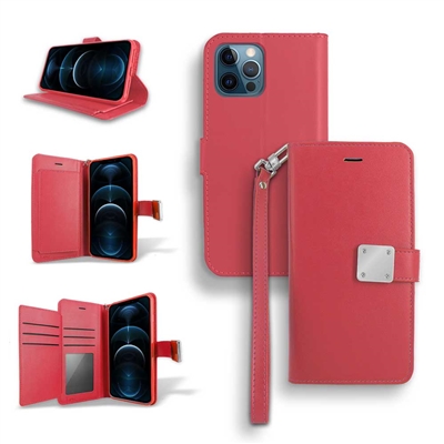 iPhone 13 (6.1") Double Folio Flip Leather Wallet Case with Extra Card Slots WC05 Red