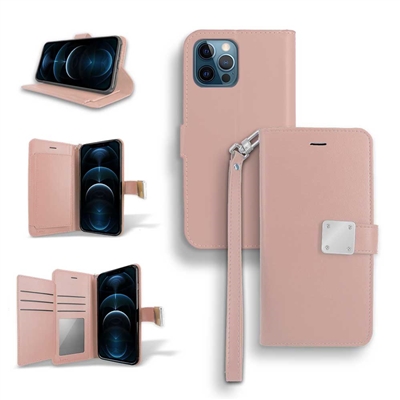 iPhone 13 (6.1") Double Folio Flip Leather Wallet Case with Extra Card Slots WC05 Rose Gold
