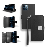 iPhone 13 Pro (6.1") Double Folio Flip Leather Wallet Case with Extra Card Slots WC05 Black
