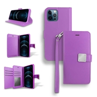 iPhone 13 Pro (6.1") Double Folio Flip Leather Wallet Case with Extra Card Slots WC05 Purple