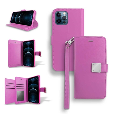 iPhone 14 Pro Max (6.7") Double Folio Flip Leather Wallet Case with Extra Card Slots WC05 Hot Pink