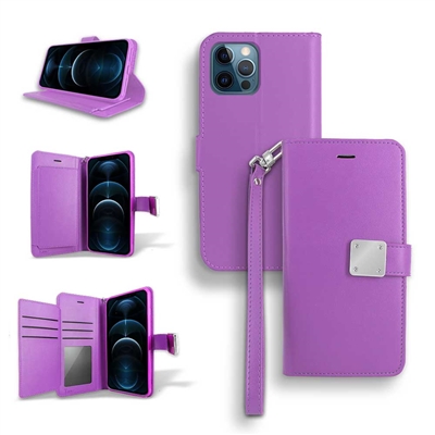 iPhone 14 Pro Max (6.7") Double Folio Flip Leather Wallet Case with Extra Card Slots WC05 Purple