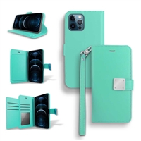 iPhone 14 Pro Max (6.7") Double Folio Flip Leather Wallet Case with Extra Card Slots WC05 Tiffany Green