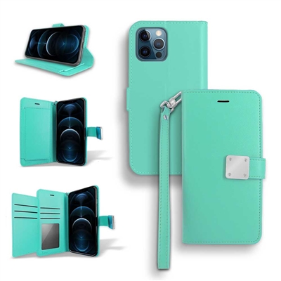 iPhone 14 Pro Max (6.7") Double Folio Flip Leather Wallet Case with Extra Card Slots WC05 Tiffany Green