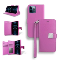 iPhone 14 (6.1") Double Folio Flip Leather Wallet Case with Extra Card Slots WC05 Hot Pink