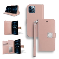 iPhone 15 Pro Double Folio Flip Leather Wallet Case with Extra Card Slots WC05 Pink Gold