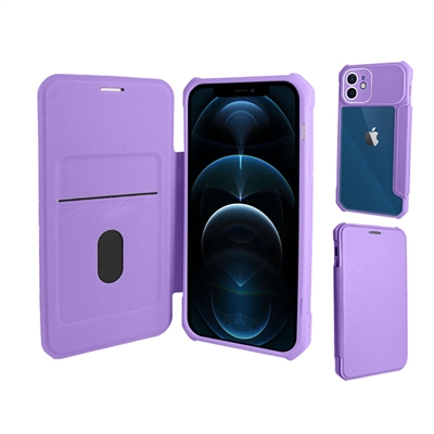 iPhone 12/ iPhone 12 Pro (6.1") Clear Back Folio Flip Leather Wallet Case With Card Slots And Camera Cover WC07 Dark Purple