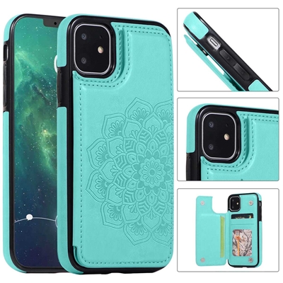 iPhone 14 (6.1") EMBOSSED CARD HOLDER WALLET CASE WITH MAGNETIC BUTTONS WC08 Tiffany Green