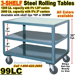 3 SHELF ROLLING STEEL TABLES 99LC