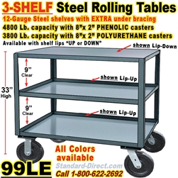 3 SHELF VERY HEAVY DUTY ROLLING STEEL TABLES 99LE