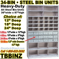 34 BIN & 18 DRAWER STEEL SHELVING / TBBINZ