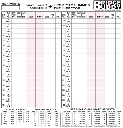 Double Sided Score Sheet - Pack of 500