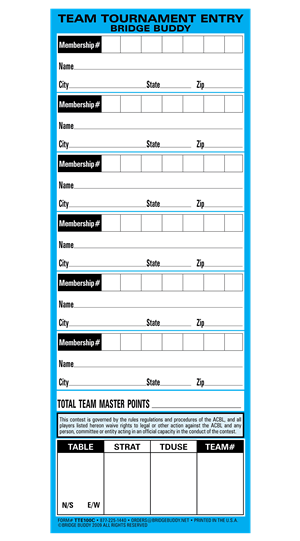 Team Tournament Entry Forms | Slimline - Pack of 500