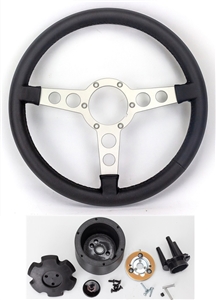 Image of 1969 - 1981 Firebird Trans Am Lecarra Billet Aluminum and Leather Wrap Formula Steering Wheel 1-1/8" Fat Grip, Black Leather with Silver Brushed Anodized Spokes, Complete Kit
