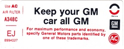 Image of 1975 Air Cleaner Side Service Instructions Decal - Keep Your GM