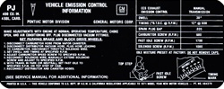 Image of 1971 Firebird Formula Emission Decal, 400 Four Speed PJ Code, 484379