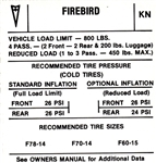 Image of 1971 Firebird or Trans Am Tire Pressure Decal, KN Code