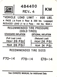 Image of 1972 Interior Glove Box Tire Pressure Decal for Firebird Models