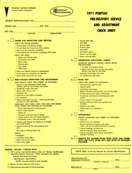 Image of 1971 Firebird New Vehicle Pre-Delivery Inspection Check Sheet