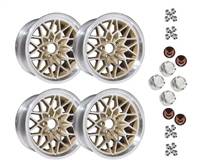 Image of 1978 - 1981 17"x9" Cast Aluminum Firebird Gold Snowflake Wheel Kit with Lug Nuts and Red Bird Center Caps, Set of 4