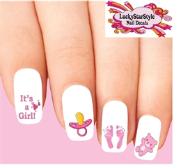 Baby Girl Pink Footprints, Pacifier & Teddy Bear Assorted Set of 20 Waterslide Nail Decals