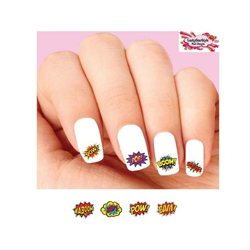 Comic Strip Sounds Pow, Bam, Kaboom, Boom, Zap, Smash Assorted Set of 20 Waterslide Nail Decals