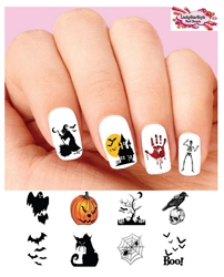 Halloween Witch Ghosts Black Cat Bloody Hand Skeleton Assorted Set of 48 Waterslide Nail Decals