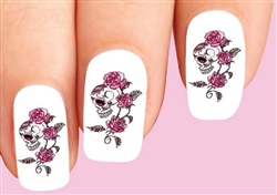 Skull with Pink Roses and Vines Waterslide Nail Decals