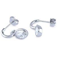Sterling Silver Huggy Earrings with Oval Drop Bezel Set Cubic Zirconia