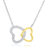 Silver Double Heart Necklace With White CZ and Rose Gold Plating