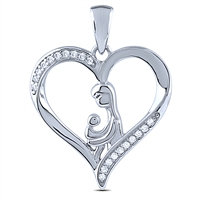 Sterling Silver Mother and Child Heart Pendant with White CZ Stones