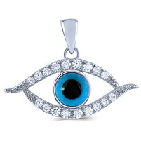 Sterling Silver Evil Eye Pendant with Blue Plastic Cabochon and White CZ
