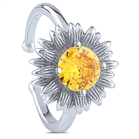 Sterling Silver Flower Design Adjustable Ring with Round Yellow CZ Center