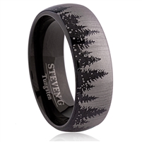 Tungsten Ring- 8mm, Domed, IP Black Plated Inside and Rings Sides, Brushed Surface with Trees Pattern Lasered.