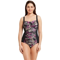 Zoggs Aruba Ruched One Piece Swimsuit. (Black/Flower Print)