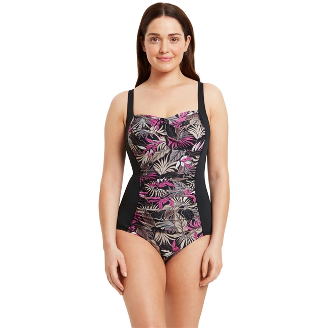 Zoggs Aruba Ruched One Piece Swimsuit. (Black/Flower Print)