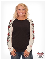 COWGIRL TUFF WOMEN'S  BLACK BURNOUT LONG SLEEVE TEE WITH CREAM RAGLAN ROSE PRINT SLEEVES