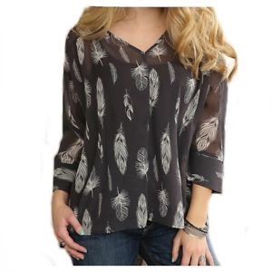 CRUEL GIRL WOMEN'S SHEER GREY & WHITE FEATHER 3/4 SLEEVE TOP