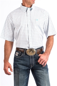 CINCH MENS TURQUOISE AND NAVY TATTERSALL PLAID SHORT SLEEVE WESTERN BUTTON-DOWN SHIRT