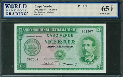 Cape Verde, P-47a, 20 Escudos, 16.6.1958, Signatures: Perdigao / Machado, 65 TOP UNC Gem