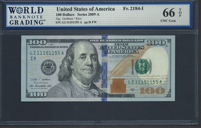 U.S. Federal Reserve, Fr. 2184-I, 100 Dollars, Series 2009 A Signatures: Geithner/Rios 66 TOP UNC Gem  