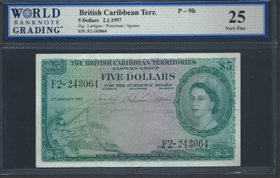 British Caribbean Territory, P-09b, 5 Dollars, 2.1.1957 Signatures: Lartigue/Waterman/Spence 25 Very Fine