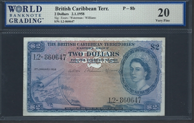 British Caribbean Territory, P-08b, 2 Dollars, 2.1.1958 Signatures: Essex/Waterman/Williams 20 Very Fine