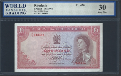 Rhodesia, P-28a, 1 Pound, 15.6.1966 Signatures: N.H.B. Bruce 30 Very Fine  